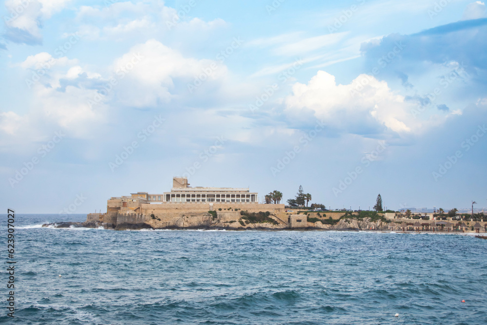 View at Dragonara Palace, San Giljan, Malta. Mediterranean Sea.
