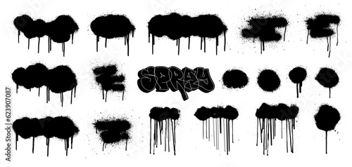 Graffiti stencils mockup. Hand-drawn street art set  spray effect with drop paint  splash  dripping paint. Graffiti template elements with smudges and drops. Isolated dirty texture. Spray vector set