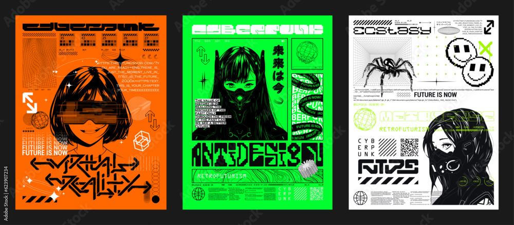 Retrofuturistic posters with cute anime girls, hi-tech, y2k geometric shapes, HUD interface. Cyberpunk 3D posters with manga girl in futuristic style. Prints for typography, streetwear, merch, t-shirt - obrazy, fototapety, plakaty 