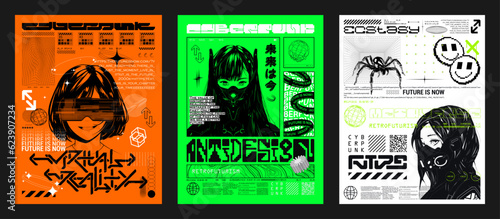 Retrofuturistic posters with cute anime girls, hi-tech, y2k geometric shapes, HUD interface. Cyberpunk 3D posters with manga girl in futuristic style. Prints for typography, streetwear, merch, t-shirt photo