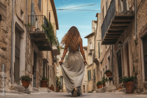 A woman with long hair and a sundress walking through a small town, back view. Generative AI © barmaleeva