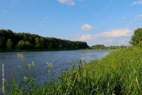 A beautiful view of the peaceful Narew river. Sunny day at the river Narew in polish countryside. River in western Belarus and north-eastern Poland, is a right tributary of the Vistula River.  photo