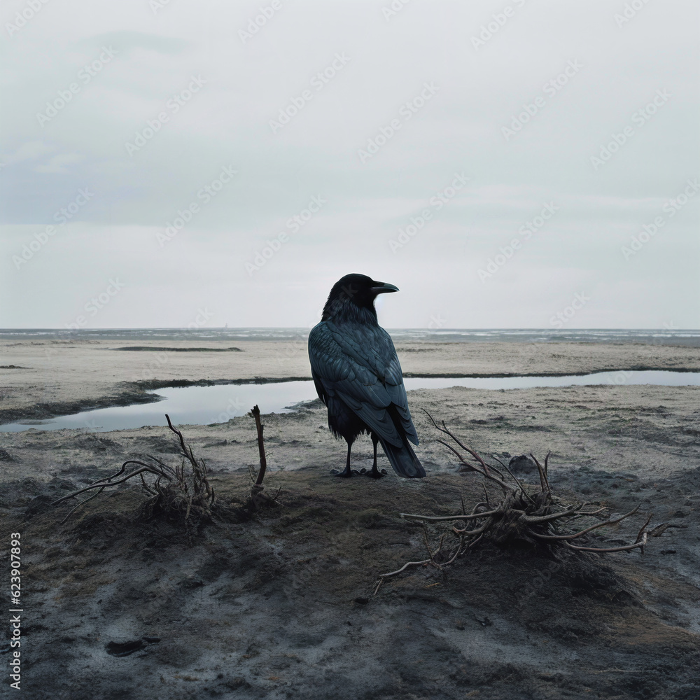 Serene AI-generated illustration, a solitary crow perches upon an empty, desolate beach. the vastness of nature and the freedom that comes from embracing one's own solitude. Serene AI-generated illustration, a solitary crow perches upon an empty, desolate beach. the vastness of nature and the freedom that comes from embracing one's own solitude.