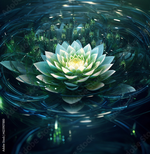  An AI-generated illustration of a lotus flower blooming gracefully by a serene, clear lake. A sense of peace, meditation, and inner harmony, experience the beauty of spiritual growth and renewal. © Guttersnipe
