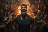 Bodybuilder erreicht sein Ziel, gefeiert durch seine Freunde mit Feuer Effekte im Hintergrund, AI generiert