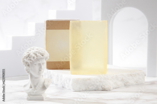 Creative studo shot of natural bar soap for healthy skin and hair photo
