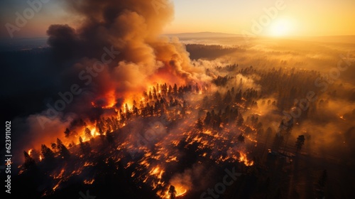 High - angle wide shot, taken from a helicopter, of a raging forest fire