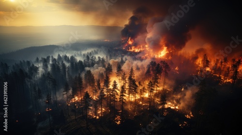 High - angle wide shot  taken from a helicopter  of a raging forest fire