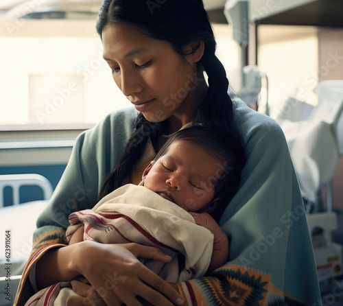 Young Native American Indian mother holding baby in a hospital