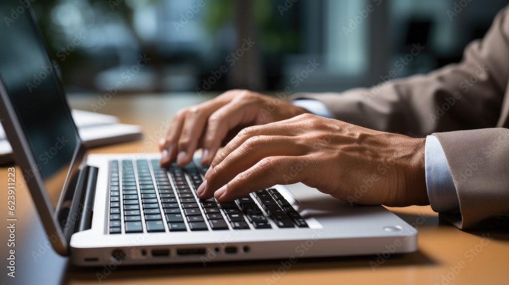 A detailed view of a man's hand typing on a laptop keyboard. A detailed view of a man's hand typing on a laptop keyboard.