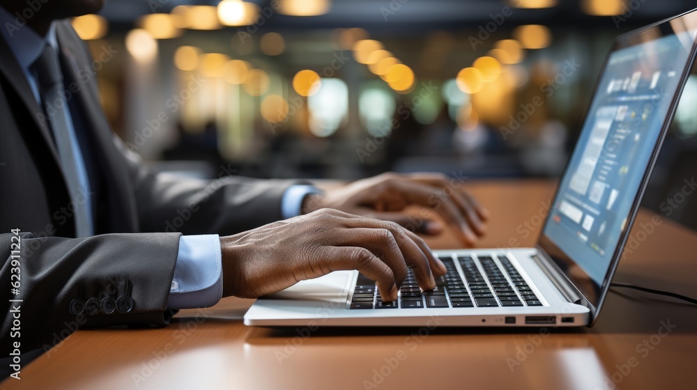 A detailed view of a man's hand typing on a laptop keyboard. A detailed view of a man's hand typing on a laptop keyboard.