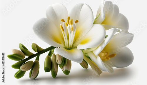 Beautiful freesia flowers plant fragrance bulbs wallpaper white background picture AI generated art