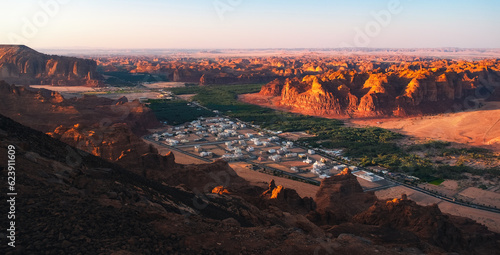A town seen from Harrat viewpoint, Al Ula, Saudi Arabia. photo