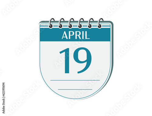 19 april retro events calendar page vector. Old style notebook calendar, date appointment, schedule, business planner, event reminder illustration. Abstract three dimensional vintage style calendar. 