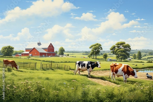 summer cows in field countryside with red barn  | Generative AI