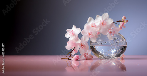 Bella rosa e tenera orchidea fiore sfondo igrey, Luce riflessa, Riflesso, Luminoso, super nitido,  orchidea rosa su sfondo azzurro photo