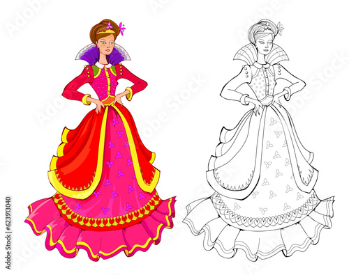 Colorful and black and white page for kids coloring book. Fantasy drawing of beautiful fairyland princess in fashionable dress. Worksheet for children and adults. Vector cartoon image.