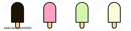 ice cream with stick, chocolate, strawberry, melon, vanilla flavor