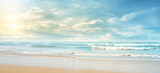 Ocean beach with shining sand, in the style of bokeh panorama, light beige, lens flare.
