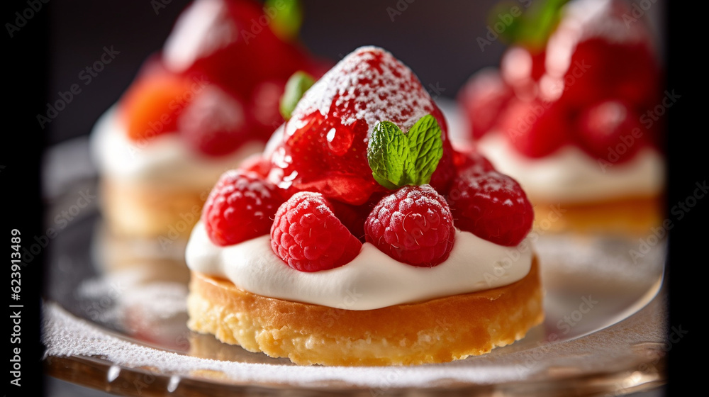Strawberry cake french dessert food plate shortcake recipe illustration image AI generated art