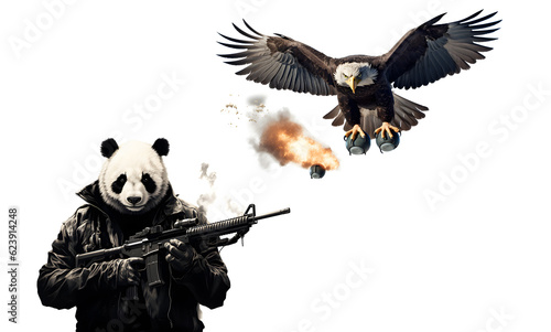 un panda avec une arme et un aigle avec une bombe pour illustrer la guerre entre la chine et les USA photo