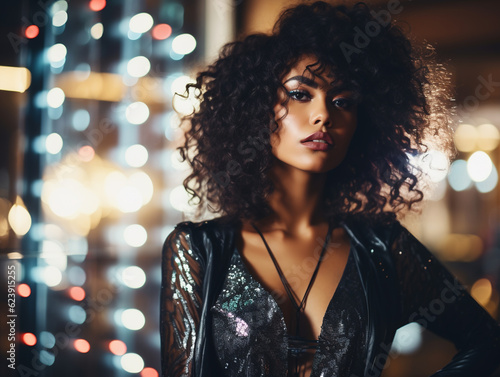Portrait of beautiful black woman in bar, nightlife