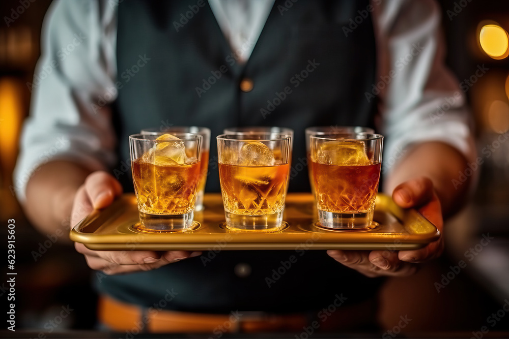 Photo of a man holding a tray with three glasses of whiskey