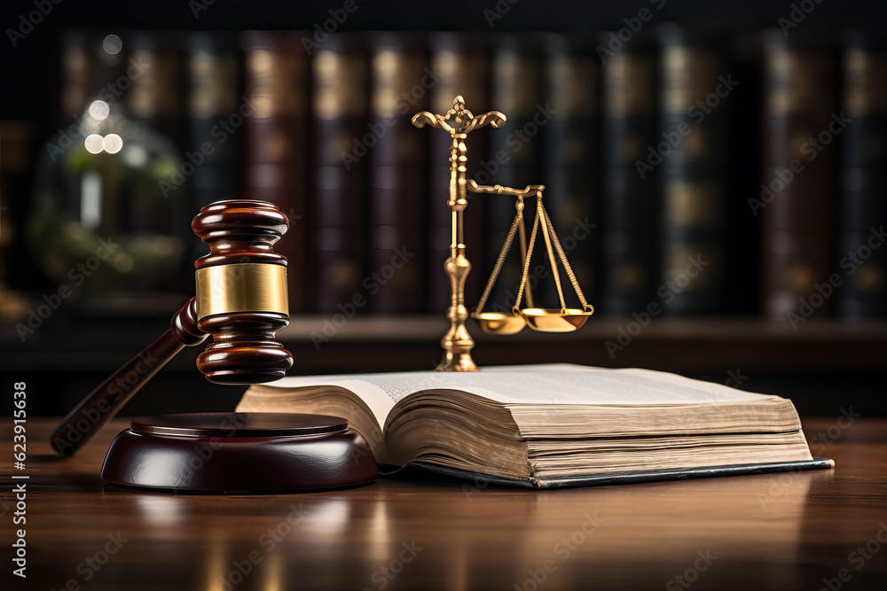 Photo of a law book and a gavel on a table - obrazy, fototapety, plakaty 