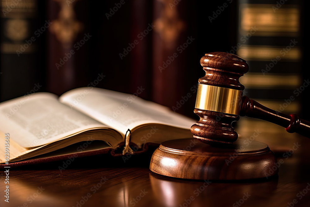 Photo of a wooden judge's gavel and a book on a table