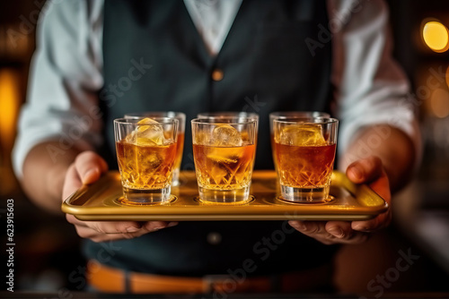 Photo of a man holding a tray with three glasses of whiskey