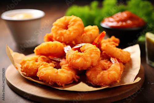 Photo of a delicious plate of fried shrimp with a side of sauce