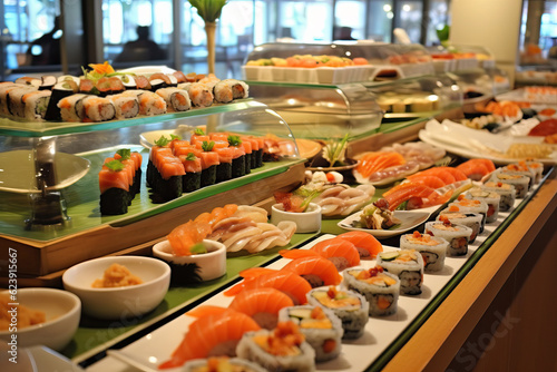 Photo of a colorful assortment of sushi on a buffet table