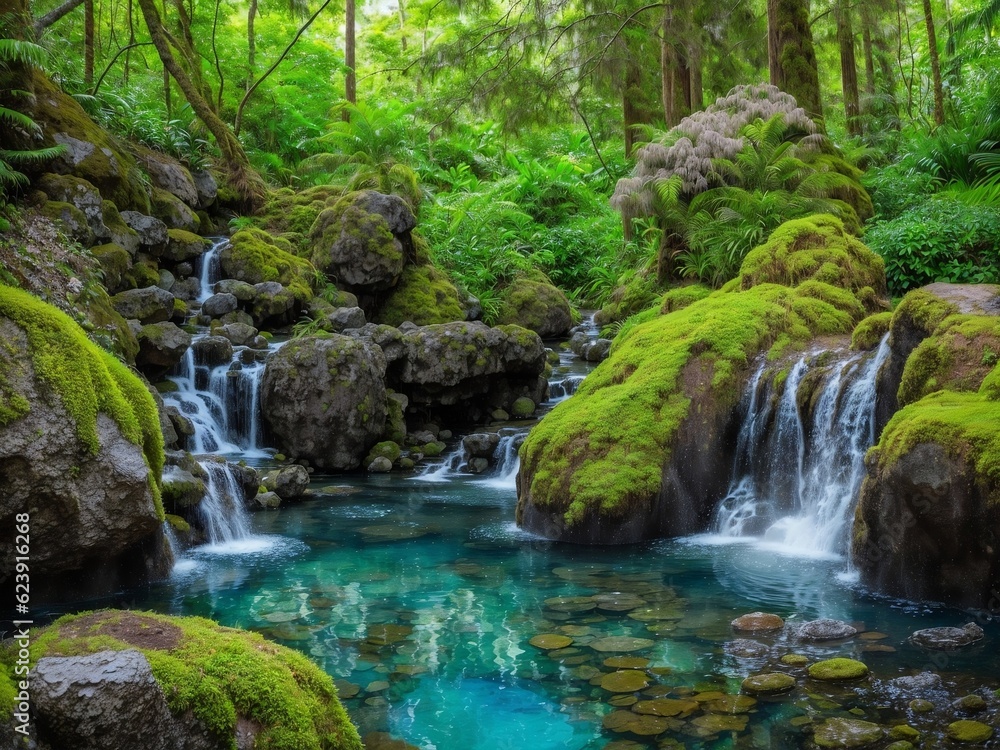 waterfall in the forest jungle, Beautiful green nature and waterfall wallpaper background, fresh green nature scenic landscape waterfall in the forest jungle, Beautiful green nature and waterfall wallpaper background, fresh green nature scenic landscape