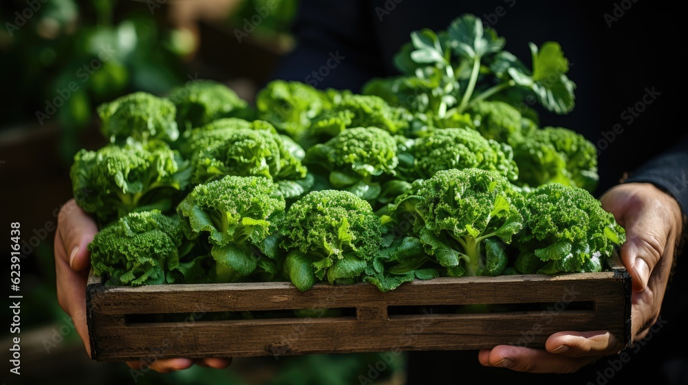 a man's hands holding a wooden box with broccoli vegetables a man's hands holding a wooden box with broccoli vegetables