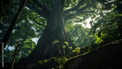 A Giant Tree Towers Over A Pristine Rainforest Environment © Jack