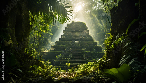 A Lost Mayan Pyramid Emerging From The Dense Jungle