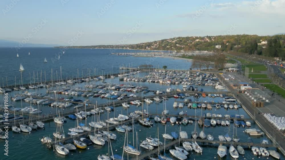 Marina on Lake Geneva in Switzerland - aerial view by drone Marina on Lake Geneva in Switzerland - aerial view by drone