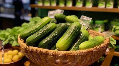 Fresh cucumbers on the counter display. Product for salads, low-calorie tasty vegetable for a healthy snack. Generative AI 