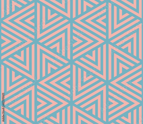 Graphic Geometric Triangles Bold Lines Seamless Pattern Pale Blue Pink Colour Palette Vector Abstract Background. Old Fashioned Textile Design Repetitive Fine Ornament. Vintage Fancy Art Illustration