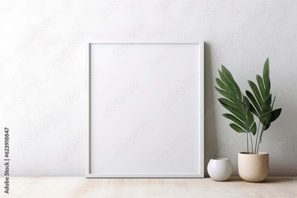 Empty square frame mockup in the modern minimalist interior over white wall background, Template for artwork, painting, photo, or poster Empty square frame mockup in the modern minimalist interior over white wall background, Template for artwork, painting, photo, or poster