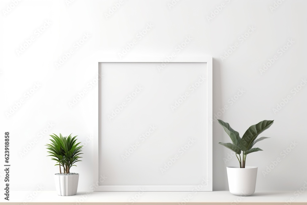 Empty square frame mockup in the modern minimalist interior over white wall background, Template for artwork, painting, photo, or poster Empty square frame mockup in the modern minimalist interior over white wall background, Template for artwork, painting, photo, or poster