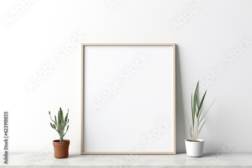Empty square frame mockup in the modern minimalist interior over white wall background, Template for artwork, painting, photo, or poster