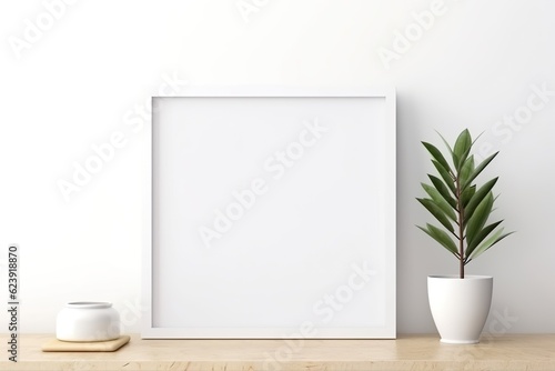 Empty square frame mockup in the modern minimalist interior over white wall background  Template for artwork  painting  photo  or poster