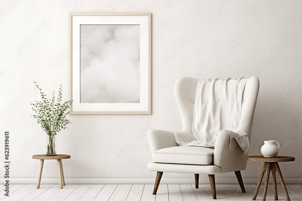 Fototapeta premium Blank picture frame mockup on a wall in a rustic interior. Artwork template mock-up in interior design. View of modern boho-style interior with chair
