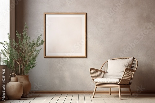 Blank picture frame mockup on a wall in a rustic interior. Artwork template mock-up in interior design. View of modern boho-style interior with chair