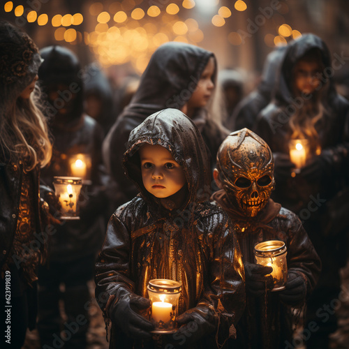 halloween party children and teenagers dressed up beautifully Generative AI © EcoPim-studio