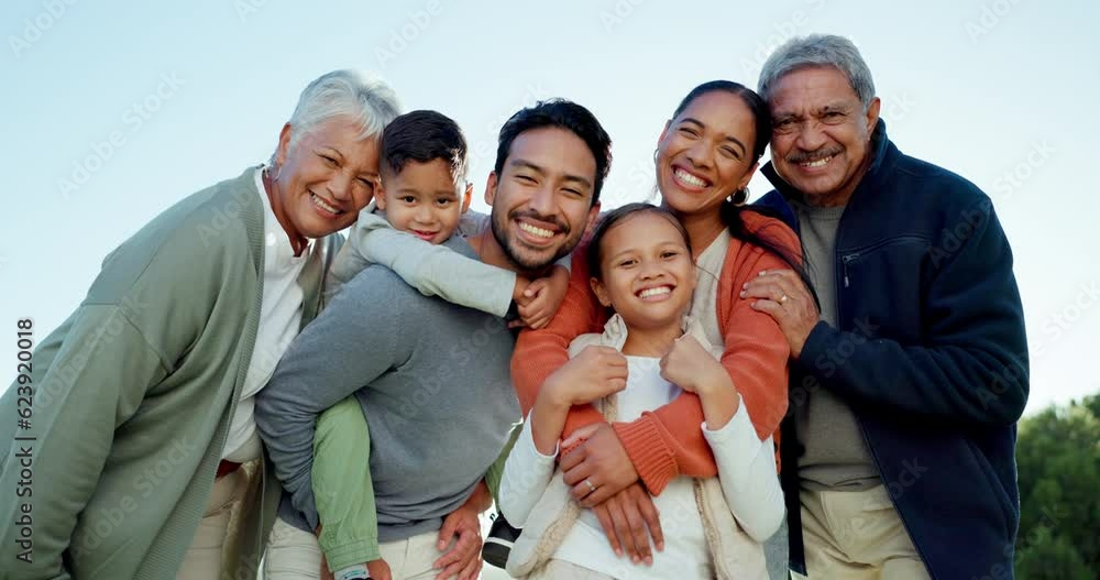 Happy, laugh and face of a big family bonding in an outdoor park while on a weekend trip. Happiness, smile and portrait of children with their parents and grandparents in garden in nature on holiday. Happy, laugh and face of a big family bonding in an outdoor park while on a weekend trip. Happiness, smile and portrait of children with their parents and grandparents in garden in nature on holiday.