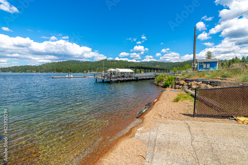 A small marina with boats and yachts at Carlin Bay, one of the bays on Lake Coeur d'Alene, in Coeur d'Alene, Idaho, in the North Idaho Panhandle. © Kirk Fisher
