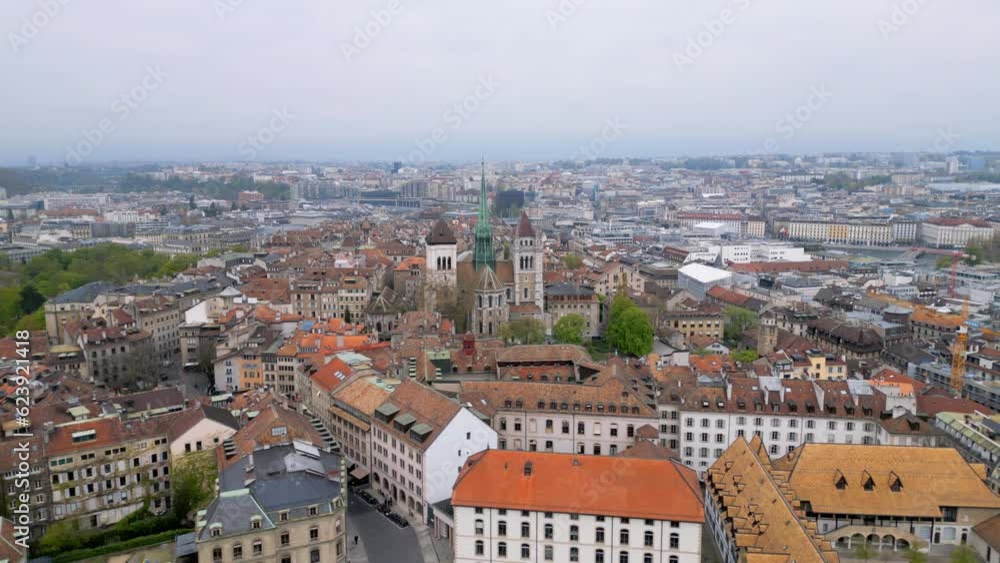 Historic district in the city center of Geneva from above - aerial view by drone