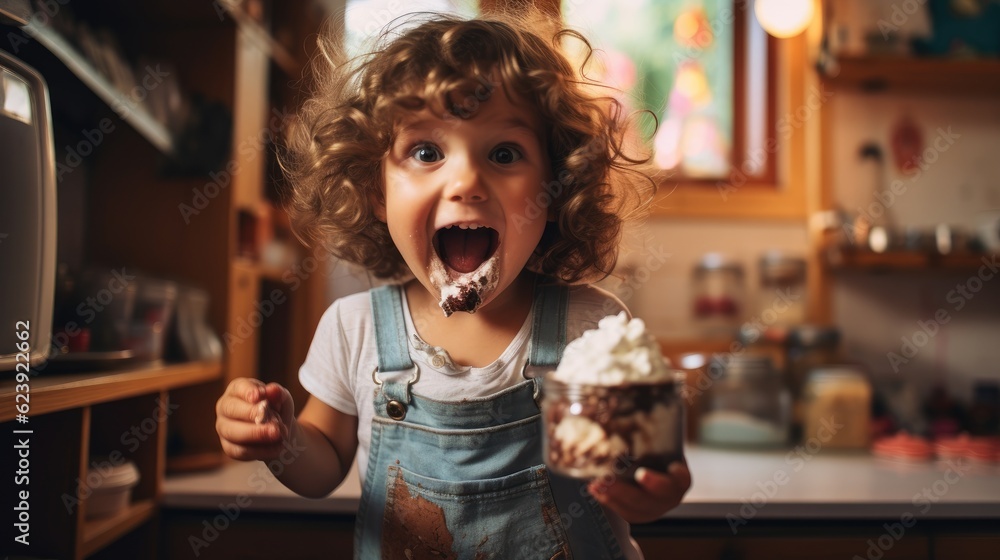 A little girl holding a cup of ice cream. Generative AI. A little girl holding a cup of ice cream. Generative AI.